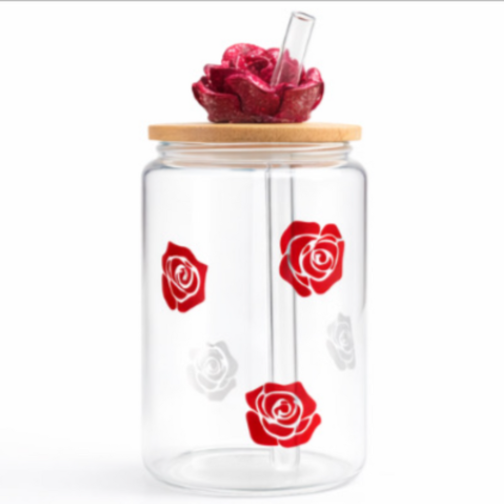 Glass Cup – Crimson Rose Design