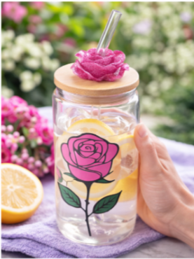 16 oz Glass Cup – Blush Rose