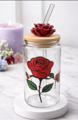 16 oz Glass Cup – Crimson Rose