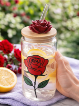 16 oz Glass Cup – Crimson Rose