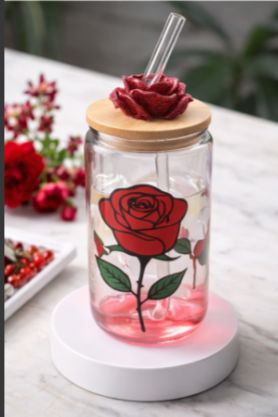 16 oz Glass Cup – Crimson Rose