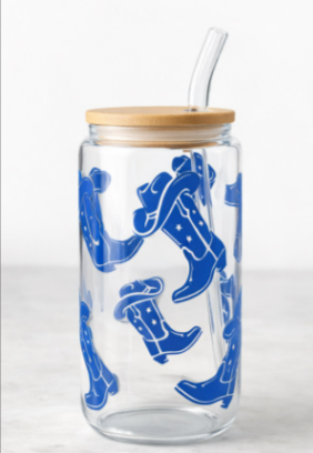 Blue Western Boots Glass Can Cup
