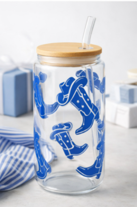 Blue Western Boots Glass Can Cup