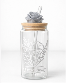 16 oz Grandma White Rose Glass Tumbler | Bamboo Lid & Glass Straw