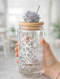 16 oz Grandma White Rose Glass Tumbler | Bamboo Lid & Glass Straw