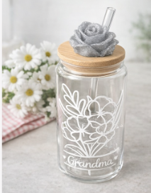 16 oz Grandma White Rose Glass Tumbler | Bamboo Lid & Glass Straw