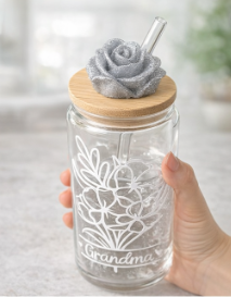 16 oz Grandma White Rose Glass Tumbler | Bamboo Lid & Glass Straw