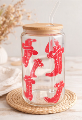 Hot Pink Western Boots Glass Can Cup
