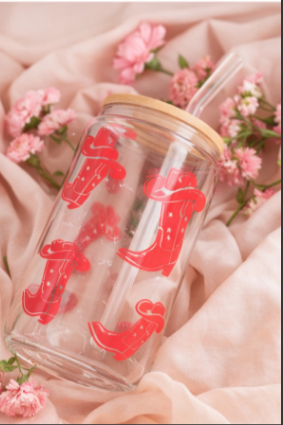 Hot Pink Western Boots Glass Can Cup